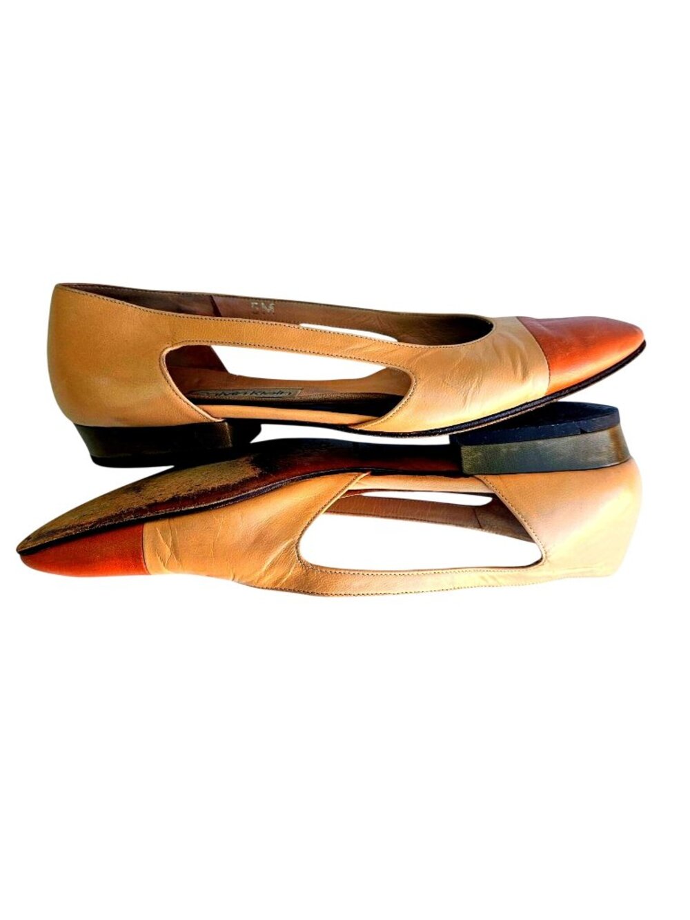 Vintage Calvin Klein Flats Italy Leather Cap Toe Cutout Beige Orange Sz 5